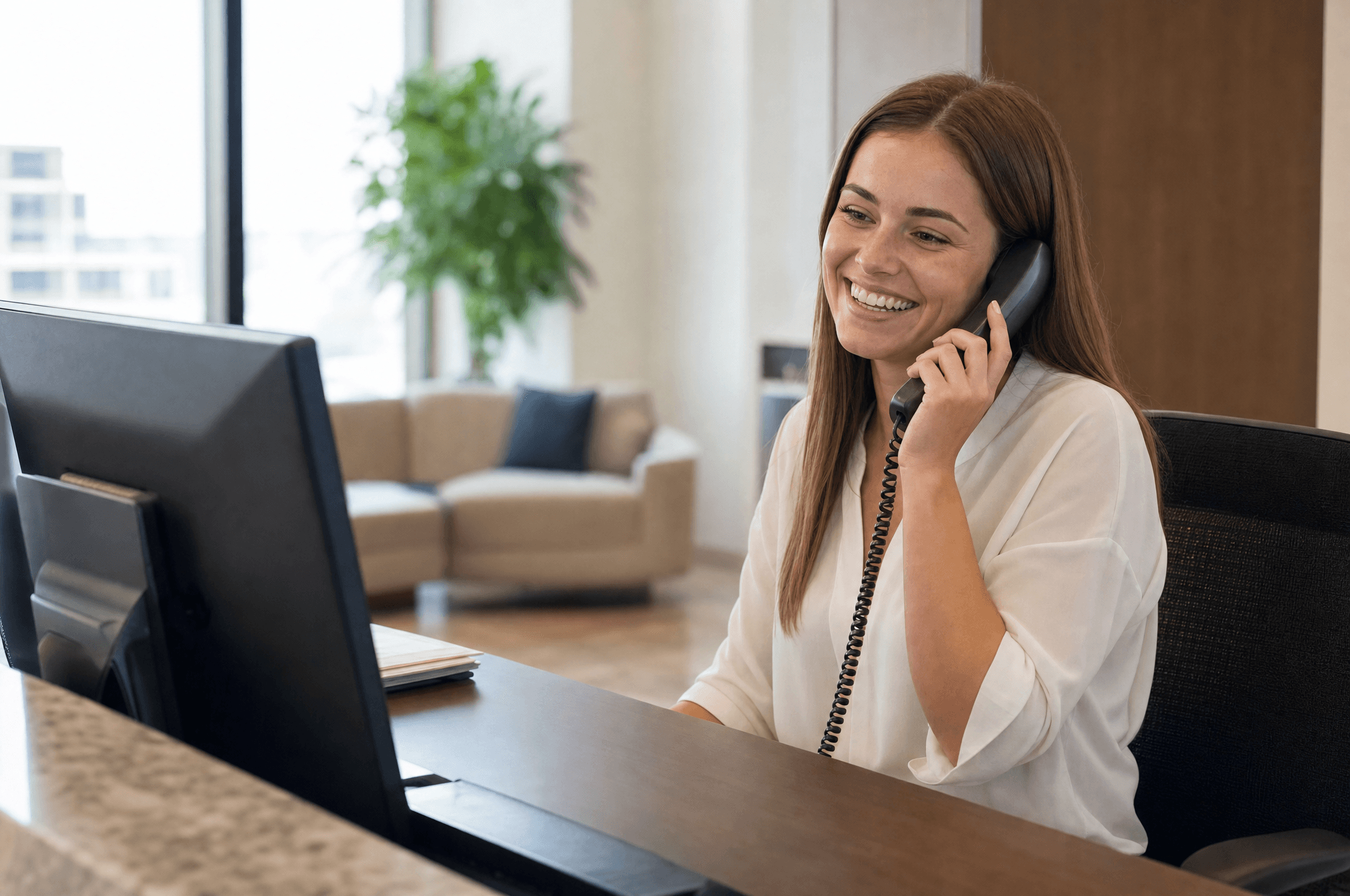 A friendly receptionist answering a call at her desk
