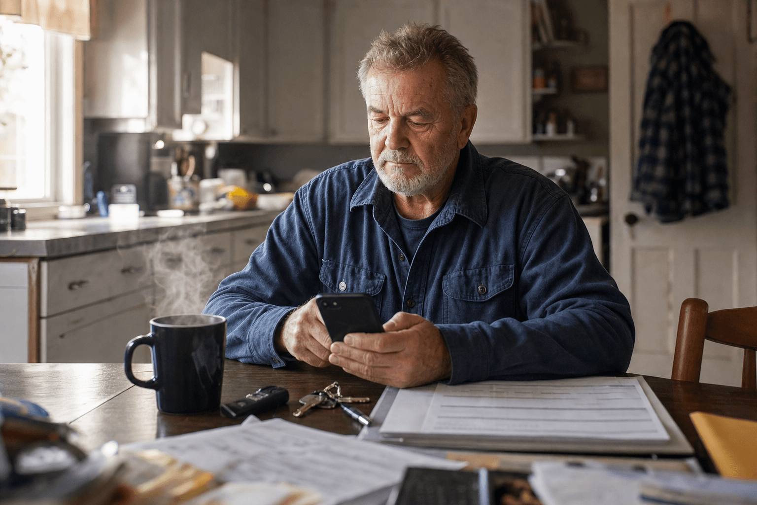 An electrician at his kitchen table early in the morning reading his phone with a cup of coffee