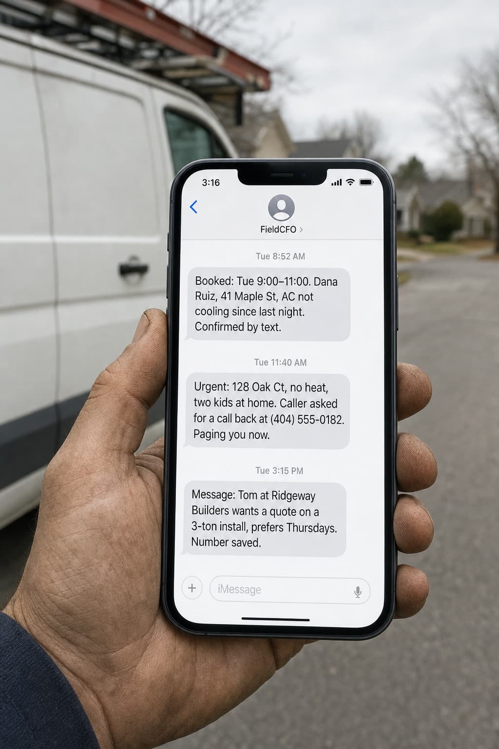 A technician's hand holding a phone beside a service van; the screen shows three texts from FieldCFO: a booking, an urgent page and a message